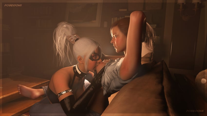 2girls 3d black_cat_(insomniac) black_cat_(marvel) felicia_hardy female female_only hair_grab insomniac_games lesbian_sex marvel marvel_comics mary_jane_watson mary_jane_watson_(insomniac) nipple_suck oral_sex ponytail poseidonx spider-man_(insomniac) spider-man_(ps4) spider-man_(series) white_hair yuri