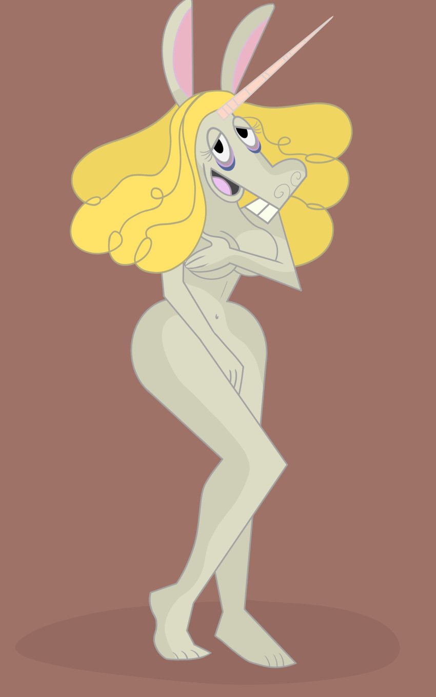 anthro ba_after_dark big_breasts blonde_hair buckteeth cartoony clone_high covering_breasts covering_crotch donkey embarrassed embarrassed_nude_female enf furry galdemore geldamore honkeycorn hummingbird hybrid long_ears looking_at_viewer princess_galdemore princess_honkeycorn shy thick_thighs unicorn