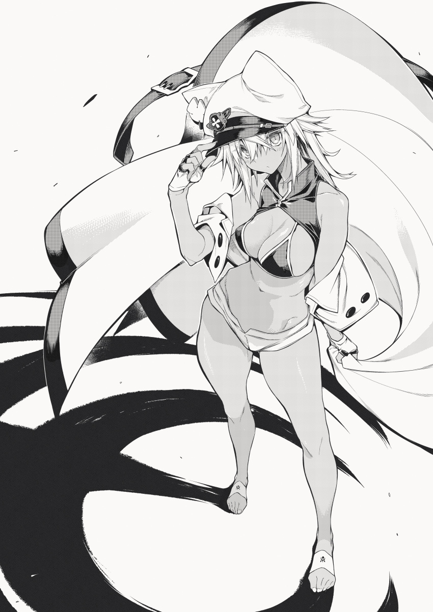 10mo 1girls absurd_res bare_shoulders barefoot bikini bikini_top breasts cape cleavage dark-skinned_female dark_skin feet female female_only fingerless_gloves gloves greyscale guilty_gear hat hi_res large_breasts legs long_hair looking_at_viewer monochrome navel ramlethal_valentine short_shorts shorts solo swimsuit thighs toenails toes