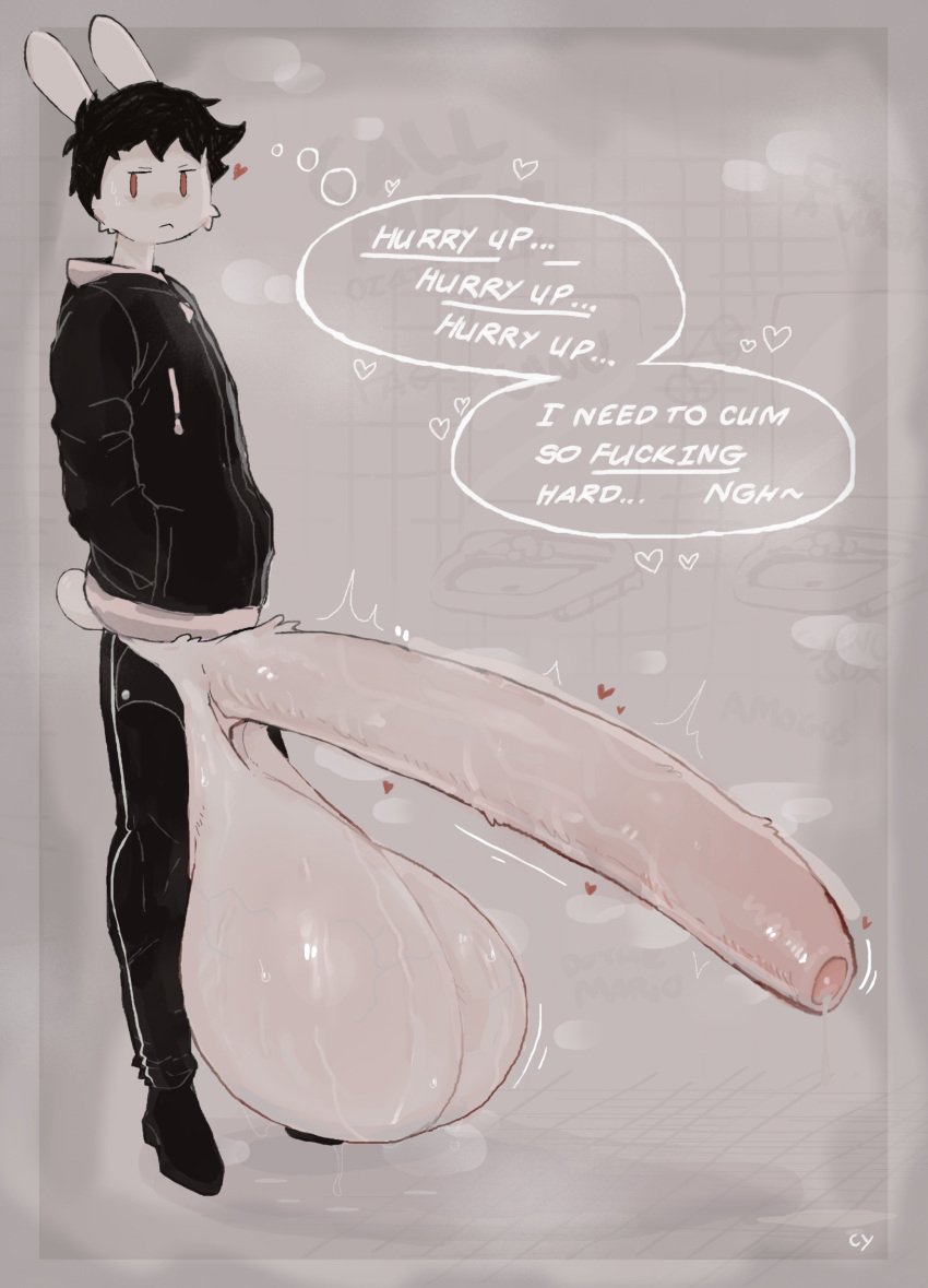 1boy anthro balls big_balls big_penis black_hair bodily_fluids bottomwear clothed clothing cyanu ellipsis english_text erection femboy footwear genital_fluids genitals hands_in_both_pockets heart hi_res hoodie horny huge_balls huge_cock hyper hyper_balls hyper_genitalia hyper_penis lagomorph leporid luke_(cyanu) male male_only mammal musk open_bottomwear open_clothing open_pants original pants penis penis_bigger_than_body pent_up precum profanity rabbit rabbit_ears red_eyes shoes solo text thought_bubble topwear uncircumcised vein veiny_balls white_body