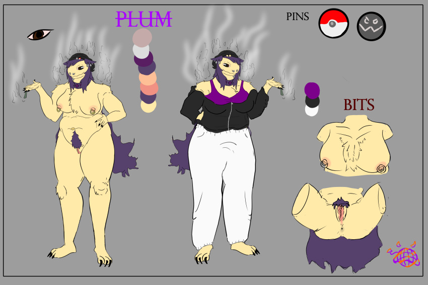 anthro beanie breasts brown_eyes clothed clothing discodemon drugs duo female genitals hair hat headgear headwear hi_res hisuian_form hisuian_typhlosion long_hair marijuana model_sheet nintendo piercing plum_(discodemon) pokémon_(species) pokemon pokemon_(species) pubes pussy regional_form_(pokemon) smoke stoned substance_intoxication yellow_body