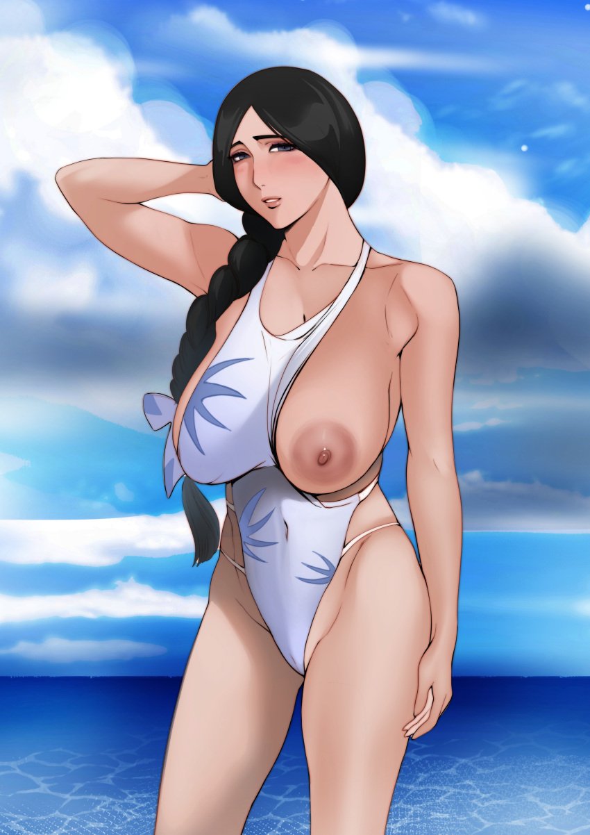 1girls areola arm_behind_head arm_up armpits bare_shoulders beach big_breasts black_hair bleach blue_eyes braid braided_ponytail breasts cameltoe floral_print highres huge_breasts jnsdh large_breasts long_hair looking_at_viewer mature mature_female mature_woman milf ocean one-piece_swimsuit one_breast_out outdoors pinup ponytail pose posing sagging_breasts sea seaside seducing seduction seductive seductive_eyes seductive_gaze seductive_look seductive_mouth seductive_pose seductive_smile swimsuit tied_hair unohana_retsu voluptuous water white_swimsuit