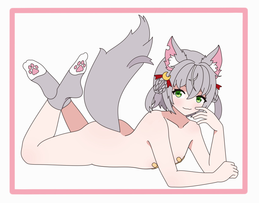 1girls bandaid bandaids_on_nipples fluffy fluffy_tail gray_hair green_eyes light-skinned_female light_skin looking_at_viewer lying_down lying_on_stomach naki_kamizuki nekomimi noality petite prism_project small_breasts smiling smiling_at_viewer socks socks_only virtual_youtuber wolf wolf_ears wolf_girl wolf_tail