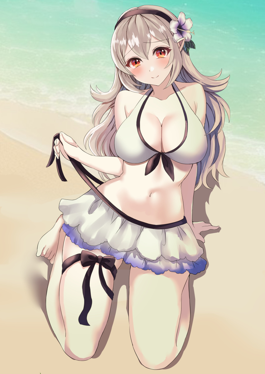 1girls alternate_costume bare_legs barefoot beach bikini bikini_skirt breasts cleavage corrin_(fire_emblem) corrin_(fire_emblem)_(female) corrin_(summer)_(fire_emblem)_(female) female female_only fire_emblem fire_emblem_fates fire_emblem_heroes flower hair_between_eyes hair_flower hairband kneeling large_breasts legs long_hair looking_at_viewer nintendo ocean official_alternate_costume outdoors pointy_ears red_eyes smile solo swimsuit tara_(szzj7733) undressing untied untied_bikini water white_bikini white_swimsuit