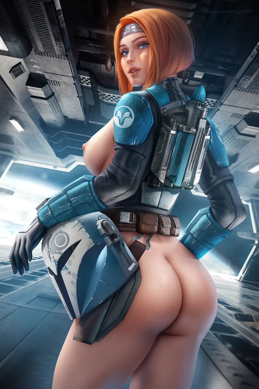 1girls armor ass ass_cheeks ayyasap blue_eyes bo-katan_kryze bottomless bottomless_female breasts bubble_butt butt exposed_ass exposed_breasts female female_only gloves helmet helmet_removed jetpack looking_at_viewer looking_back mandalorian mandalorian_armor mandalorian_helmet nipples no_bra no_panties no_underwear orange_hair pauldrons red_hair redhead short_hair sideboob solo solo_female standing star_wars the_mandalorian the_mandalorian:_season_two thick_thighs topless topless_female utility_belt vambraces