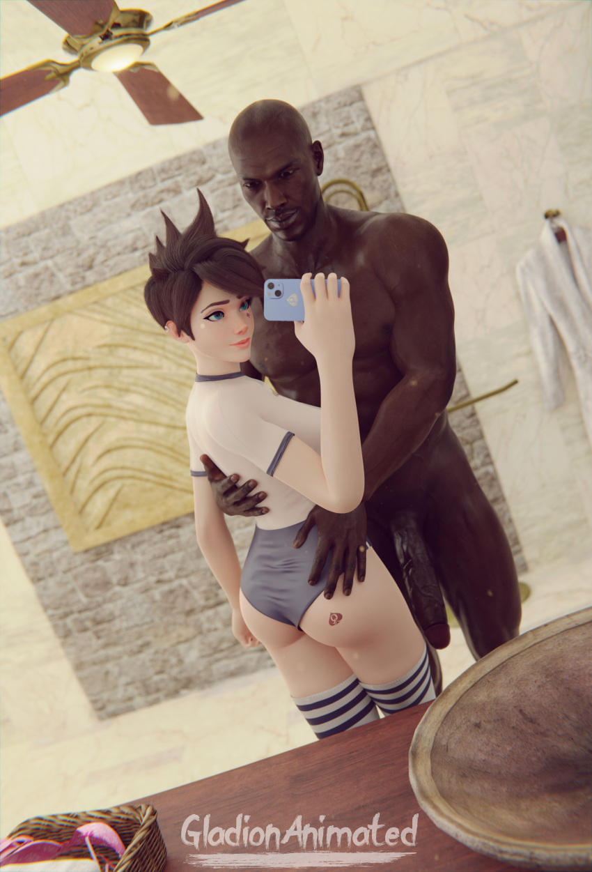 1boy 1girls 3d ass ass_grab backside bathroom big_penis black_body black_penis blender_(software) blue_eyes breasts brown_hair ceiling_fan dark-skinned_male dark_skin ear_piercing earrings female gladionanimated hand_on_back interracial large_penis light-skinned_female light_skin looking_at_phone male mirror mirror_reflection mirror_selfie muscular muscular_male one-piece_swimsuit overwatch petite phone queen_of_spades robe selfie skin_contrast skin_tight spade_tattoo stockings straight taking_picture tattoo tracer turned_around