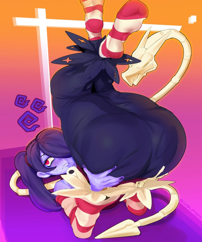 1girls ass ass_in_dress big_ass blush cashumeru embarrassed fat_ass huge_ass large_ass leviathan_(skullgirls) purple_hair purple_skin red_eyes skullgirls squigly thick_thighs