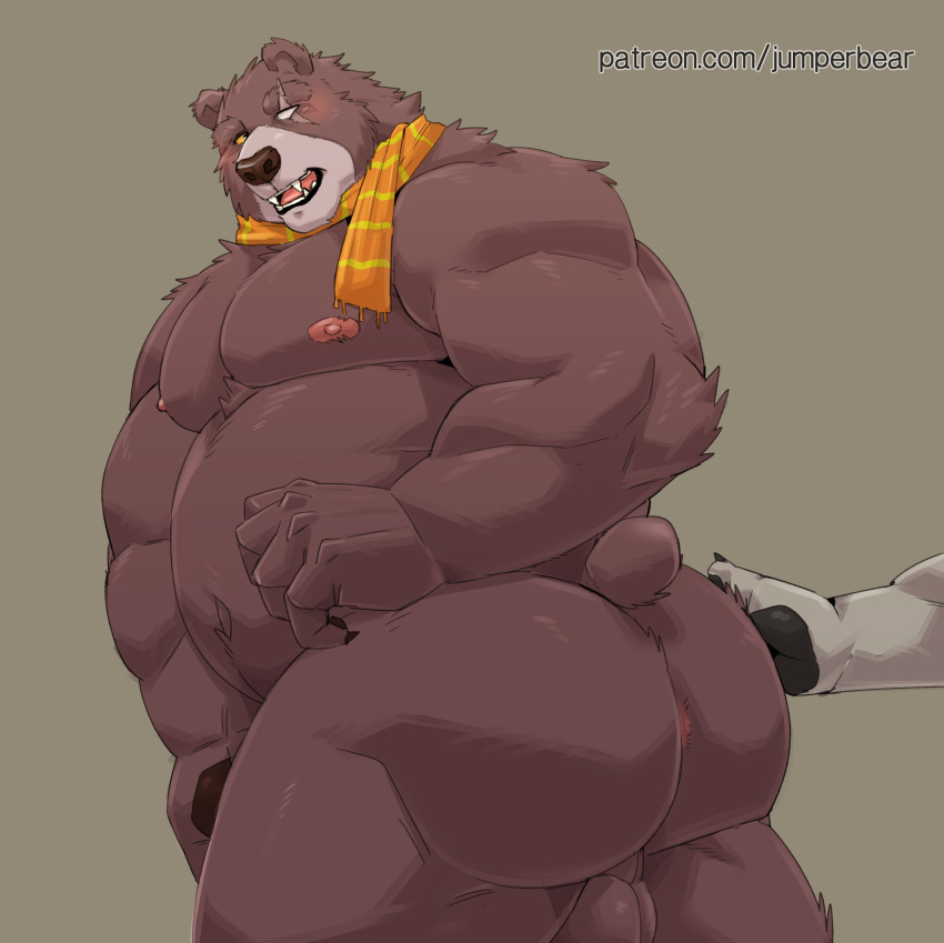 2023 absurd_res anthro ass backsack balls bear belly big_belly blush genitals hi_res humanoid_hands jumperbear kemono male male_only mammal moobs musclegut nipples overweight overweight_male papa_bear papa_bear_(puss_in_boots) puss_in_boots_(dreamworks) puss_in_boots_the_last_wish scar scarf simple_background solo_focus