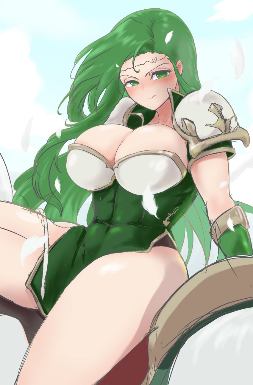 1girls annand_(fire_emblem) bare_legs bare_thighs breasts bursting_breasts cleavage female female_only fire_emblem fire_emblem:_genealogy_of_the_holy_war green_eyes green_hair huge_breasts legs long_hair looking_at_viewer nintendo pegasus pelvic_curtain sitting smile solo ta_dasu_(tadasu_hayashi) thick_thighs thighs very_long_hair