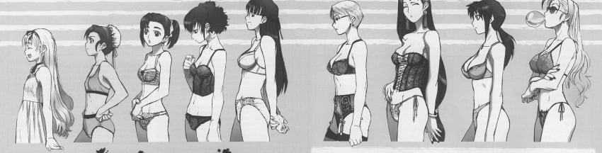 6+girls 9girls black_lagoon body_profile eda_(black_lagoon) fabiola_iglesias female female_only gretel hansel latina lineup monochrome multiple_girls revy sawyer_the_cleaner shenhua washimine_yukio yukio_washimine