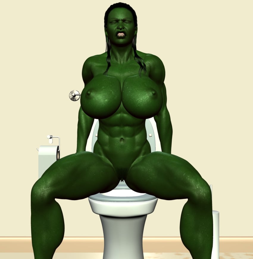 1girls 3d 3d_(artwork) abs big_breasts breasts chup@cabra female female_only green_hair green_skin huge_breasts hulk_(series) large_breasts marvel marvel_comics muscular muscular_female nipples nude pubic_hair she-hulk solo superheroine tagme toilet toilet_use