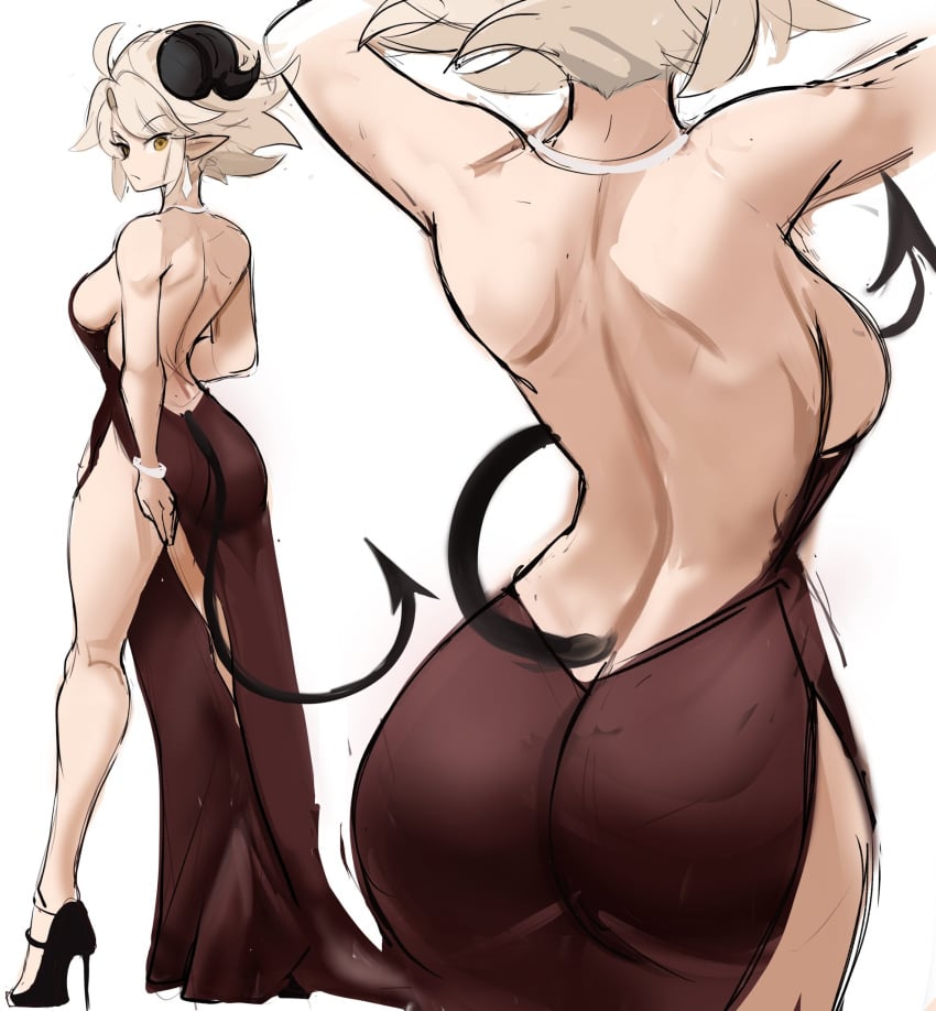 1girls amber_eyes ass dress heels hi_res horns medium_hair original pointy_ears rakeemspoon sideboob solo solo_female susan_(rakeemspoon) tail white_hair