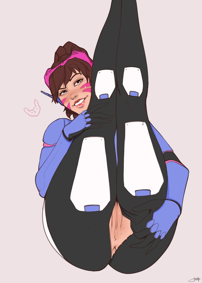 1girls 2d asian asian_female ass black_legwear blush brown_eyes brown_hair clothing d.va female legs_together legs_up long_hair open_clothes overwatch presenting_pussy pussy smile solo tdp torn_clothes uncensored wide_hips