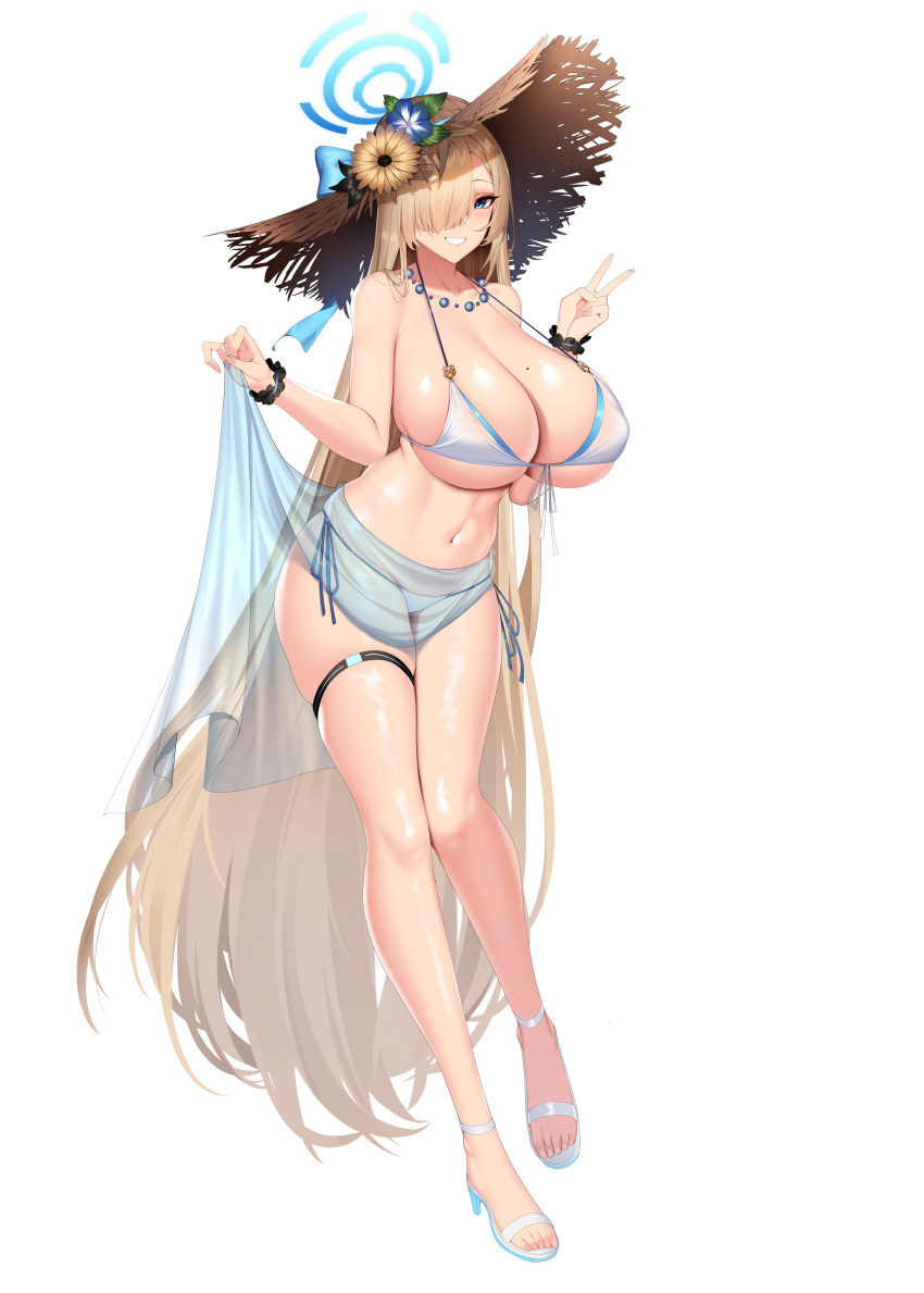 1girls asuna_(blue_archive) beauty_mark bikini blonde_hair blue_archive blue_eyes breasts chixiao female hair_over_one_eye hat huge_breasts large_hat light-skinned_female light_skin long_hair mole_on_breast simple_background sun_hat thick_thighs white_bikini