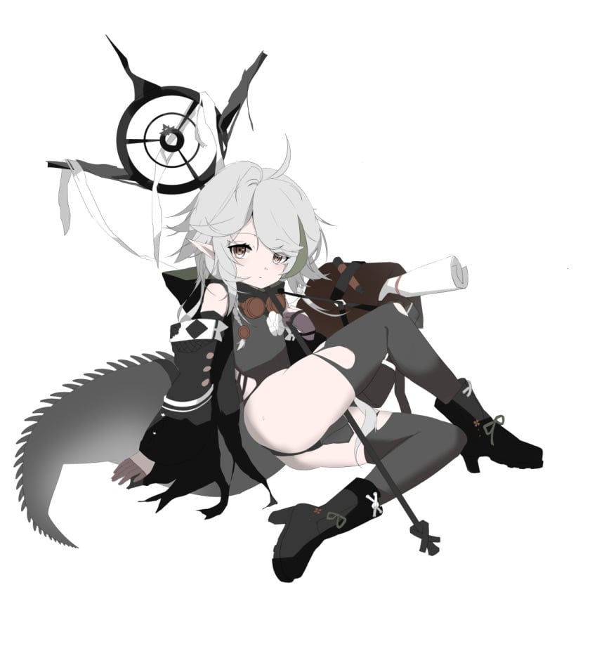 arknights artist_request ass bangs black_footwear black_jacket boots brown_eyes brown_gloves closed_mouth commentary_request crocodilian_tail female full_body gloves grey_hair grey_leotard grey_thighhighs hair_over_one_eye half_gloves high_heel_boots high_heels highres jacket kele_mimi leotard long_hair long_sleeves looking_at_viewer pointy_ears puffy_long_sleeves puffy_sleeves simple_background sleeves_past_wrists solo source_request staff tail thighhighs thighhighs_under_boots tomimi_(arknights) white_background