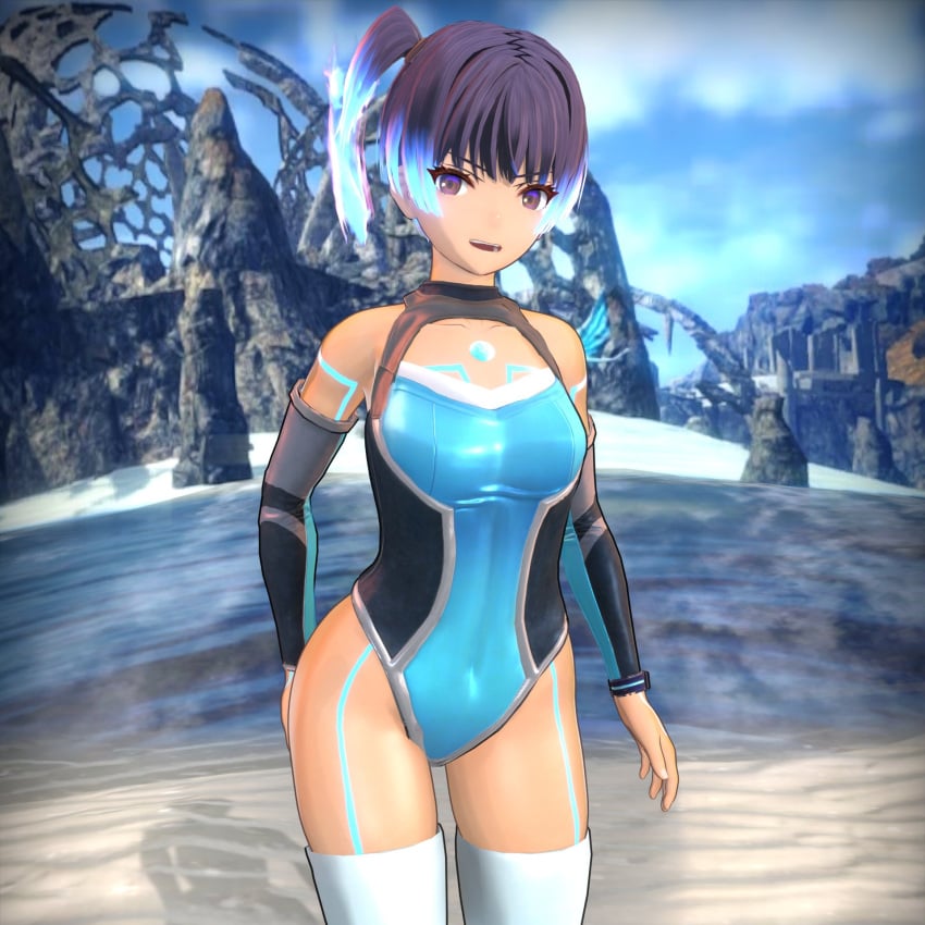 1girls 3d 3d_(artwork) alternate_costume anime_style beach blender blender_(software) blobcg core_crystal female female_focus flaming_hair looking_at_viewer open_mouth purple_eyes sena_(xenoblade) standing swimwear tan_skin thighs xenoblade_(series) xenoblade_chronicles_3