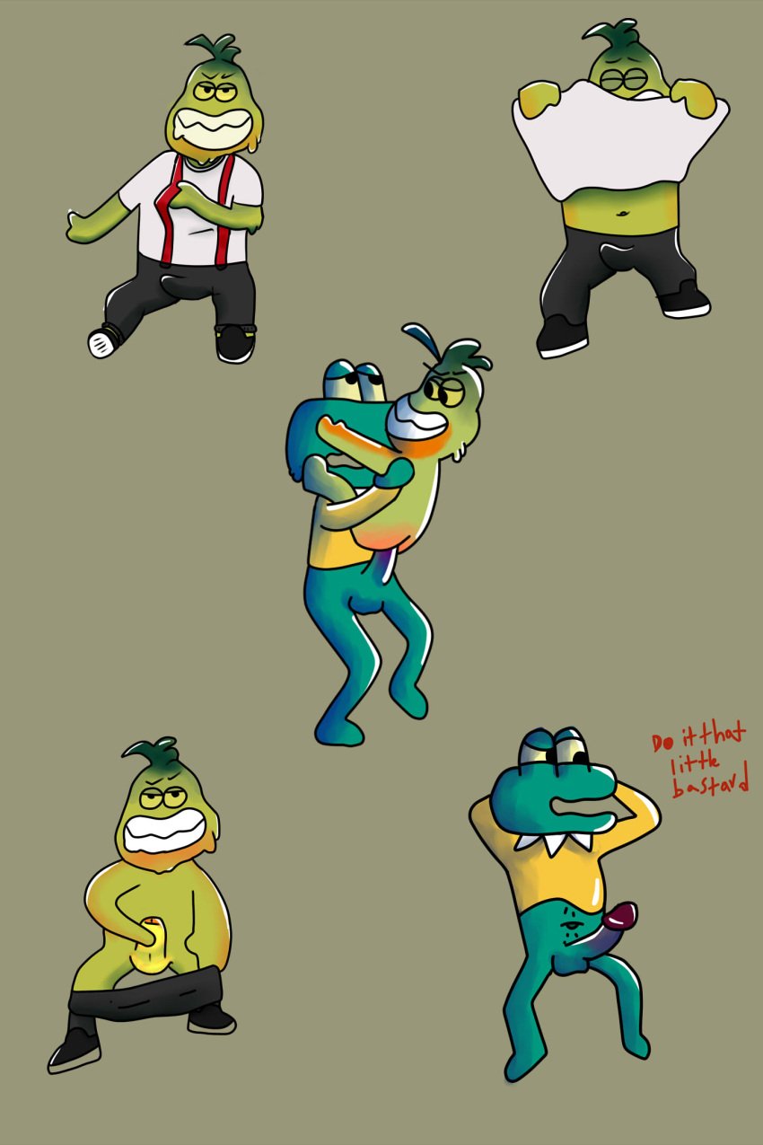 amphibian amphibian_humanoid animal_humanoid anthro balls carrying_position dreamworks duo erection fish frog frog_humanoid genitals grizzsai hi_res humanoid male male/male marine mr._corneille_(the_amazing_world_of_gumball) mr._piranha_(the_bad_guys) nude penis piranha_(fish) scalie serrasalmid simple_background smile the_bad_guys