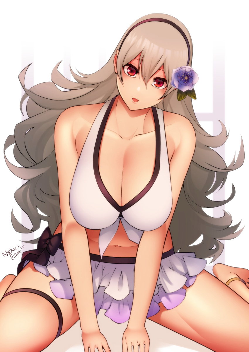 1girls alternate_costume bikini bikini_skirt breasts corrin_(fire_emblem) corrin_(fire_emblem)_(female) corrin_(summer)_(fire_emblem)_(female) female female_only fire_emblem fire_emblem_fates fire_emblem_heroes flower kneeling large_breasts long_hair looking_at_viewer nachocobana nintendo official_alternate_costume red_eyes solo swimsuit white_bikini white_swimsuit