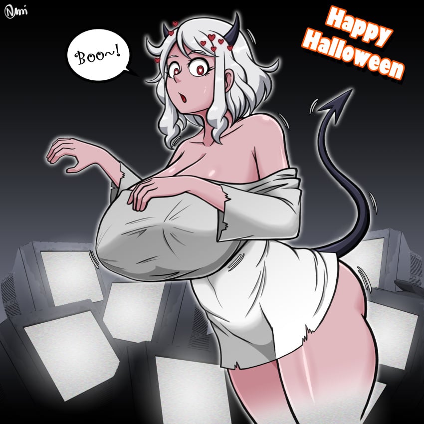 1girls absurd_res bare_shoulders big_breasts boo breasts cleavage clothed clothing demon demon_horns demon_humanoid demon_tail dialogue english_text female female_only hair halloween heart heart-shaped_pupils helltaker hi_res horn horns huge_breasts large_breasts looking_at_viewer modeus_(helltaker) nipple_bulge normi open_mouth red_eyes short_hair solo solo_female spade_tail speech_bubble standing text voluptuous white_hair