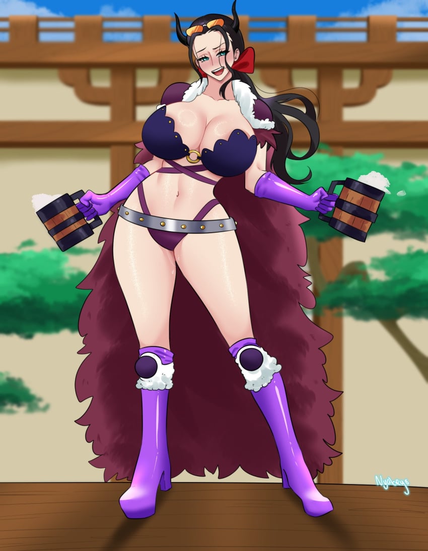 1girls alcohol beast_pirates_(cosplay) black_hair blue_eyes breasts female female_only guabeyo holding_object hourglass_figurre huge_breasts light-skinned_female light_skin long_hair nico_robin nyabeyo one_piece post-timeskip revealing_clothes smile thick_thighs wide_hips