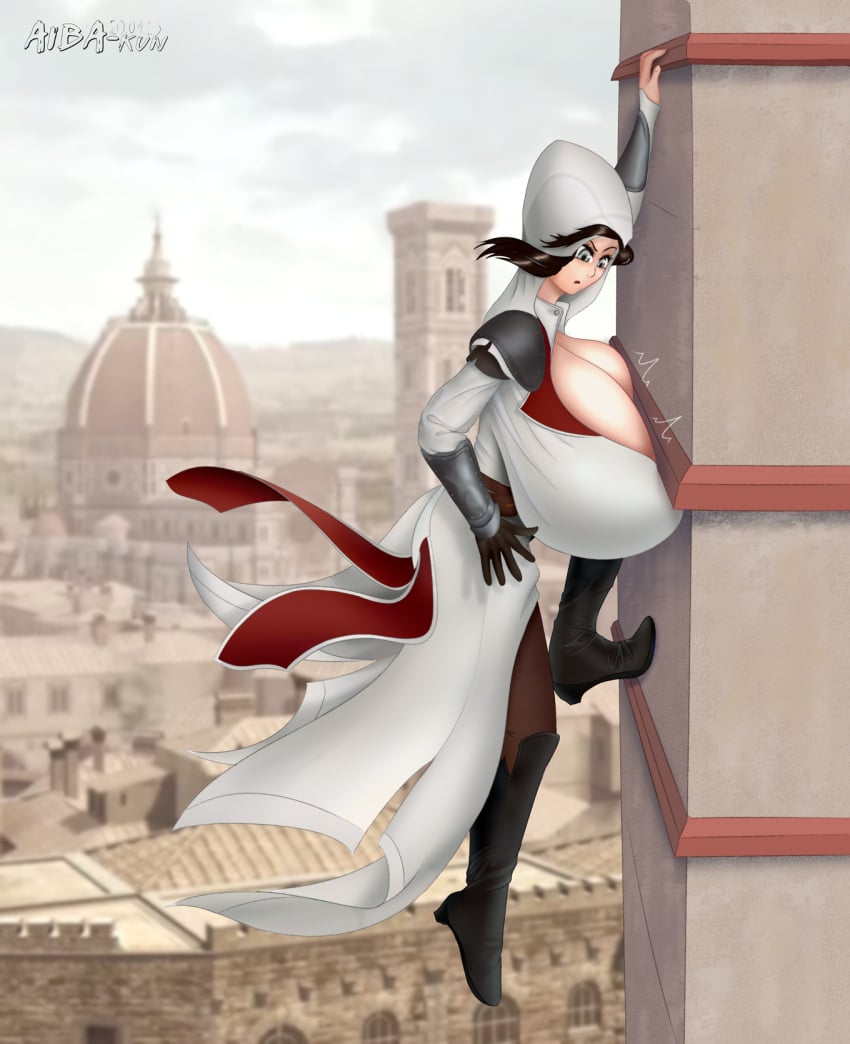 1girls aiba-kun angry assassin's_creed assassin's_creed_(series) assassin's_creed_ii big_breasts boots breast_squeeze breasts brown_hair cathedral cityscape climbing climbing_wall clothed clothing day european eyelashes ezio_auditore_da_firenze female female_only frown glove grey_eyes hood hoodie huge_breasts human hyper_breasts inconvenient_breasts irritated large_breasts light-skinned_female light_skin long_boots looking_at_breasts looking_down open_mouth outdoors pants rule_63 solo solo_female surprised tower ubisoft wall