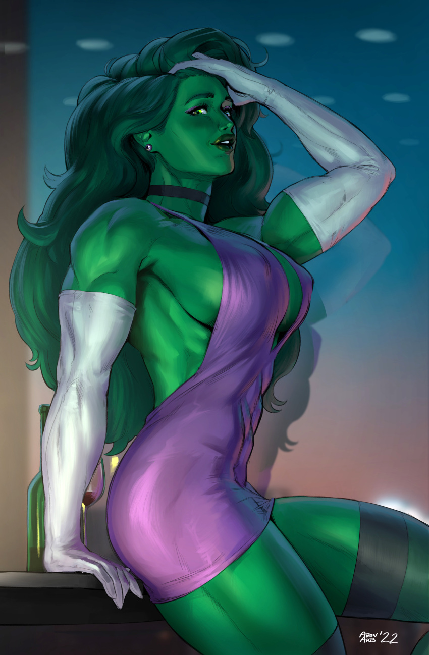 1girls 2022 alcohol anonarts artist_name big_breasts big_thighs breasts choker clothed dress ear_stud earrings female female_only gloves green_body green_eyes green_hair green_skin hulk_(series) long_gloves long_hair marvel marvel_comics muscles muscular muscular_female pinup pose posing purple_clothing purple_dress she-hulk solo solo_female stockings thick_thighs thighs wine_bottle wine_glass