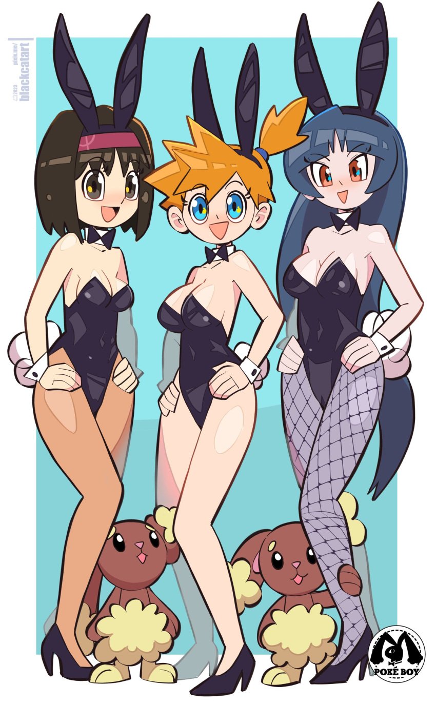 2girls 3girls animal_ears bangs black_footwear black_hair black_legwear black_leotard blackcat18up blackcat_(pixiv) blush breasts buneary bunny_ears bunny_girl bunnysuit clavicle cleavage clothing erika_(pokemon) eyebrows_visible_through_hair fake_animal_ears female female_only footwear full_body game_freak gym_leader hairband high_heels high_resolution huge_breasts kasumi_(pokemon) large_breasts legwear leotard long_hair looking_at_viewer medium_breasts multiple_girls nintendo pantyhose playboy_bunny pokemon pokemon_(game) pokemon_lgpe pokemon_rgby pumps red_eyes red_hairband sabrina_(pokemon) shiny shiny_clothes shiny_hair shiny_legwear shoes short_hair signature simple_background sitting striped striped_leotard very_high_resolution white_background