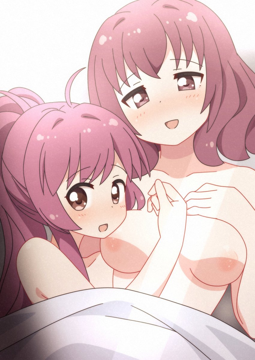 2girls ahoge areolae bangs blanket blush breasts eyebrows_visible_through_hair hair_intakes incest large_breasts light-skinned_female light_skin long_hair medium_hair mother mother_and_daughter multiple_girls nipples nude nude_female okaasan_(artist) open_mouth ponytail purple_eyes purple_hair smile sugiura_ayano sugiura_ayano's_mother yuri yuru_yuri