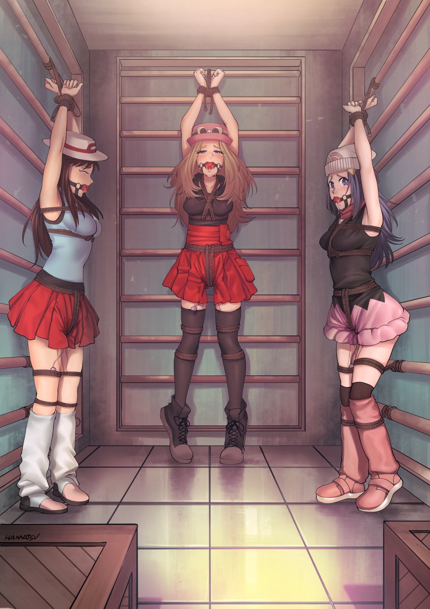 3girls arms_above_head arms_tied ball_gag black_dress black_shirt black_socks blonde_hair blue_eyes blue_shirt blue_socks bondage boots breasts brown_hair closed_eyes crotch_rope crying dawn_(pokemon) dress drooling female_only gag gagged green_(pokemon) hamatsu hat kidnapped kneehighs kneesocks large_breasts leaf_(pokemon) legs_tied long_hair loose_socks multicolored_dress multiple_girls multiple_subs nintendo pink_dress pokemon pokemon_dppt pokemon_rgby pokemon_xy pussy_juice red_skirt rope rope_between_breasts rope_bondage serena_(pokemon) shibari_over_clothes shirt skirt socks source_request sunglasses sunglasses_on_hat tears thigh_socks thighhighs tile_floor vibrator vibrator_cord vibrator_in_thighhighs vibrator_under_clothes wooden_box