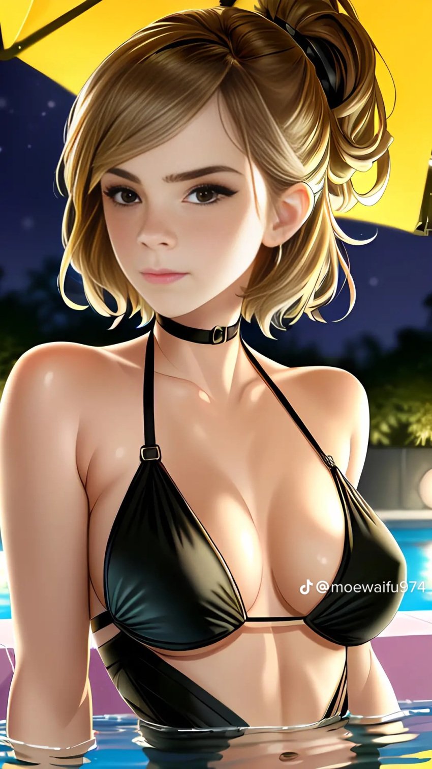 ai_generated at_night big_breasts bikini_top black_choker black_swimsuit celebrity choker dark_eyes emma_watson harry_potter hermione_granger moewaifu974 nighttime real_person skinny swimming_pool teen teen_girl teenage_girl teenager tight_fit tiktok