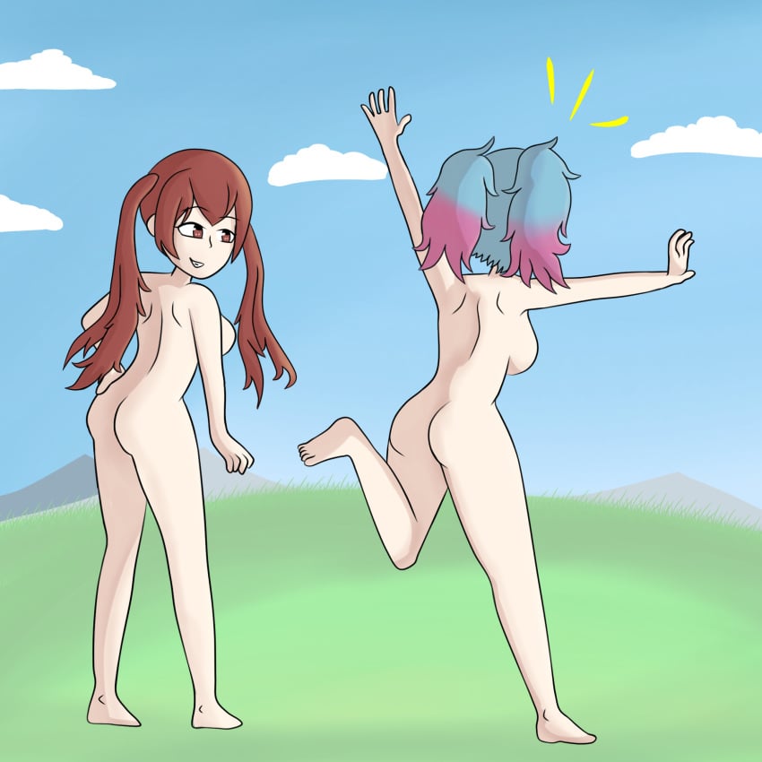 2girls ass backboob barefoot blue_hair breasts casual_nudity completely_nude completely_nude_female female female_only fire_emblem fire_emblem_awakening fire_emblem_fates long_hair mrwings multicolored_hair nintendo nude nude_female outdoors peri_(fire_emblem) pink_hair red_hair selena_(fire_emblem_fates) severa_(fire_emblem) source_request streaking twintails