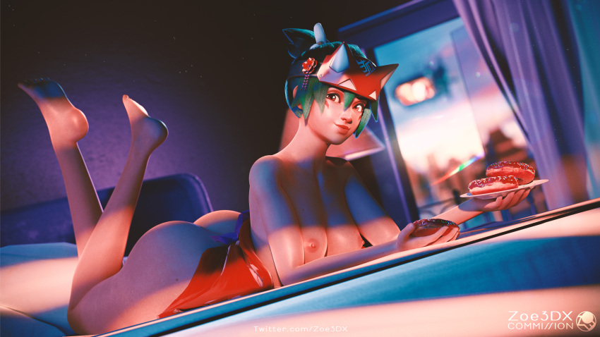 1girls 3d bed bedroom big_ass big_breasts blender breasts brown_eyes clothing curvy feet feet_together feet_up green_hair holding_object kiriko_(overwatch) laying_down laying_on_bed looking_at_viewer nipples overwatch overwatch_2 pinup realistic smile soles sunset the_pose thick_thighs thighs zoe3dx