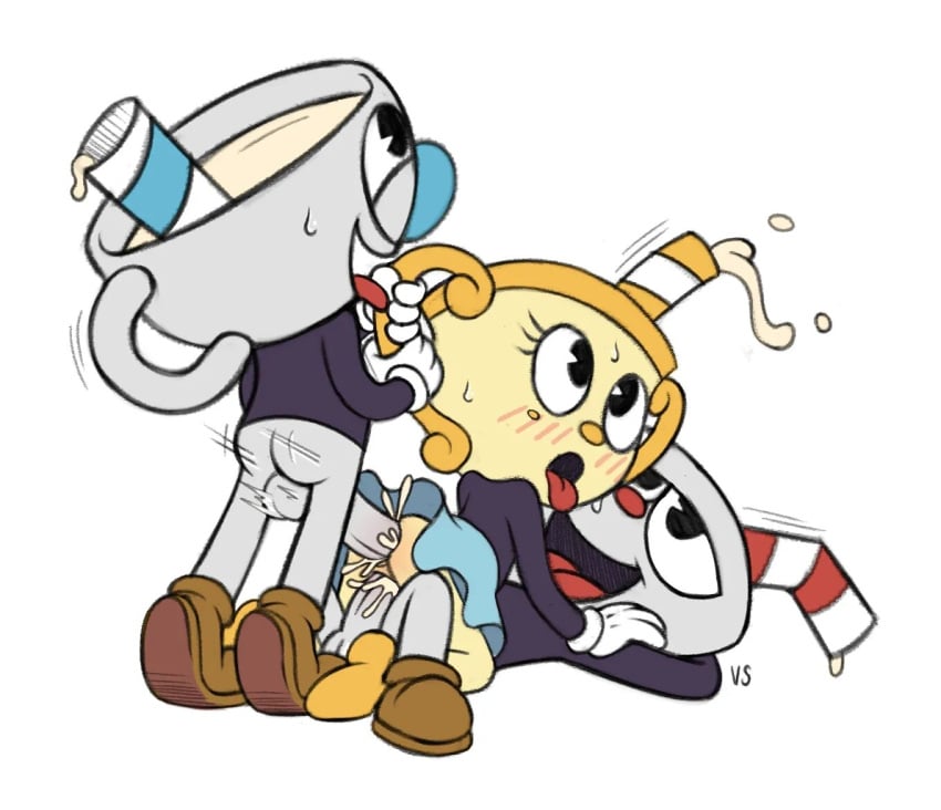 2boys 2girls ahe_gao anal clothing cock_in_ass cuphead cuphead:_the_delicious_last_course cuphead_(game) female footwear gloves handwear male ms._chalice mugman sweat sweater sweating sweaty_head threesome upskirt upskirt_sex vaginal vaginal_penetration