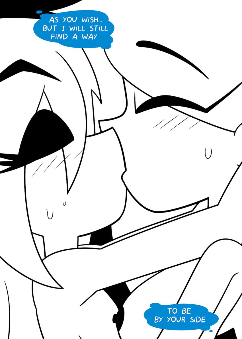 angel blue_eyes blush bodily_fluids breasts closed_eyes comic demon dialogue duo female female/female hi_res incest kissing monochrome red_eyes sibling sister sisters sweat xierra099 yuri