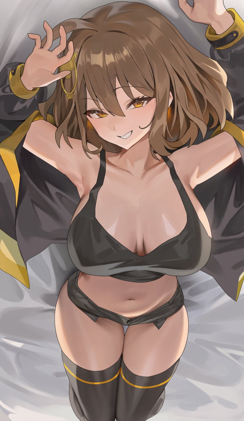 anis_(nikke) bare_shoulders belly belly_button breasts brown_hair cleavage female female_only fully_clothed goddess_of_victory:_nikke hood_x_art jacket large_breasts looking_at_viewer lying midriff orange_eyes short_hair short_shorts shorts smile tank_top thighhighs thighs