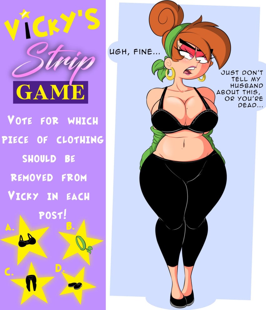 1girls aged_up big_breasts blush bra breasts dialogue ear_piercing earrings eyelashes female female_only green_sweater large_breasts lipstick looking_at_viewer makeup mature mature_female milf nickelodeon open_mouth orange_hair pink_eyes shirtless straight_hair strip_game stripping sweater teenagebratwurst teeth the_fairly_oddparents thick_thighs tongue top_heavy twitter_poll_series upper_teeth vicky_(fairly_odd_parents) wide_hips