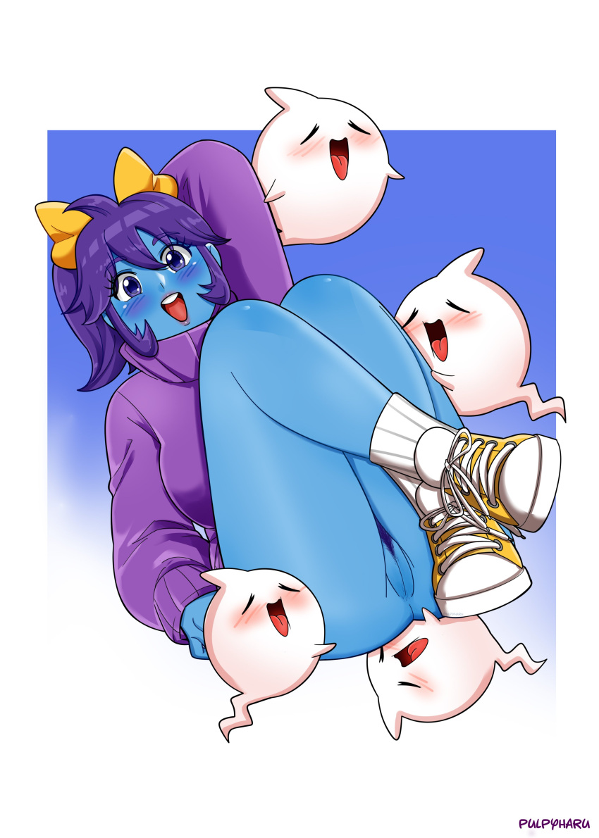 1girls absurd_res arm_behind_head bent_legs blue_skin blush bottomless female ghost ghost_girl hair_ribbon happy looking_at_viewer marina_(noill) open_mouth pubic_hair pulpyharu purple_eyes purple_hair pussy shoes smiling smiling_at_viewer sneakers sweater tongue_out