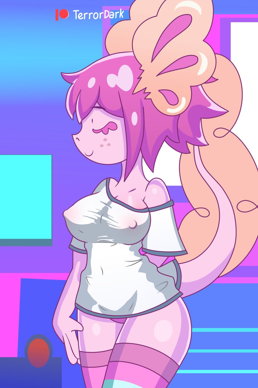 anthro axolotl big_breasts closed_eyes furry nipples pink_hair pink_panties pink_skin short_hair smile stockings tail terrordark tight_clothing tiktok vitzy_(vitzypie) vitzypie