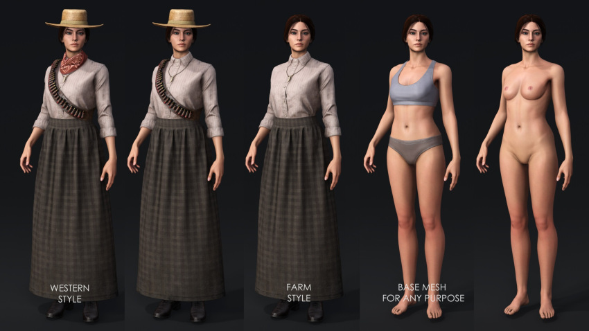 1girls 3d breasts casual clothing concept_art cow_girl cowgirl design female hat human midriff nipples nude nude_female on/off pale_skin western