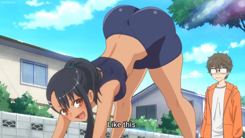 1boy 1girls 774_(nanashi) accurate_art_style ass ass_up big_ass black_hair blush breasts brown_eyes clothed clothing edit english_text flirting gym_uniform hayase_nagatoro long_hair looking_at_ass looking_back naoto_hachioji_(senpai) please_don't_bully_me,_nagatoro pose revealing_clothes screenshot_edit seductive small_breasts stretching tan tan_skin tanned text