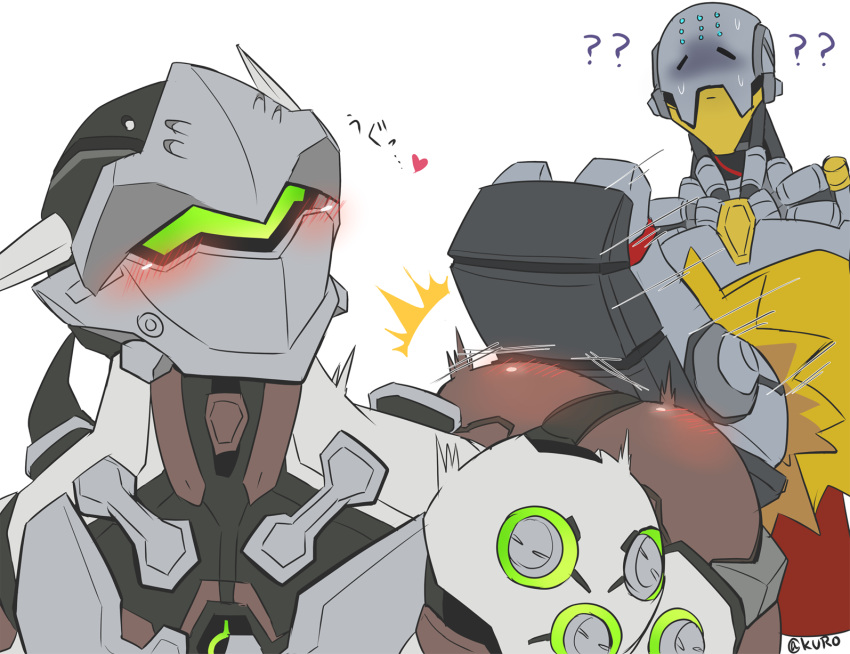 2022 2boys ? @kuro ass blizzard_entertainment blush cybernetics cyborg duo gay genji heart heart humanoid machine male male/male male_only ninja omnic overwatch question_mark robot simple_background sweat text white_background yaoi zenyatta