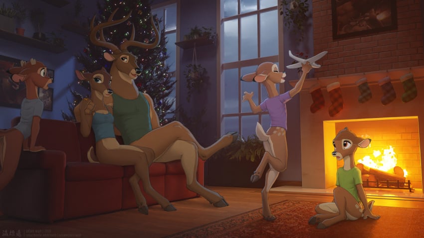 absurd_res adam_wan anthro antlers bambi bambi_(character) bambi_(film) bottomless christmas christmas_tree clothed clothing cub deer detailed_background digital_drawing_(artwork) digital_media_(artwork) disney faline female fireplace hi_res holidays horn legwear male mammal mena_(bambi) night plant ronno sofa stockings the_great_prince_of_the_forest toy toy_plane tree watermark young zaush