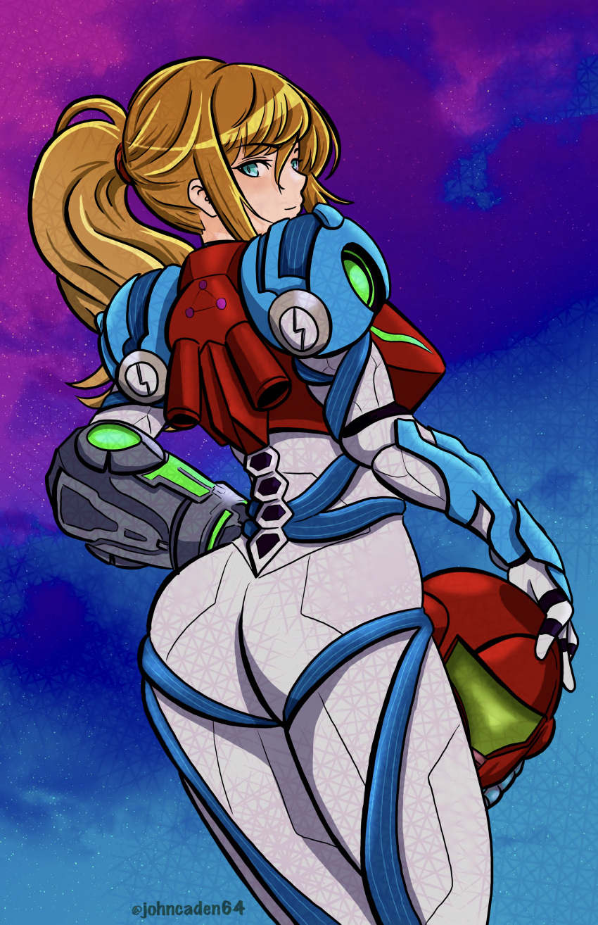 1girls armor armored armored_female ass ass_focus blonde_hair blue_eyes bodysuit clothing hi_res johncaden looking_at_viewer looking_back metroid metroid_dread ponytail power_armor power_suit samus_aran signature