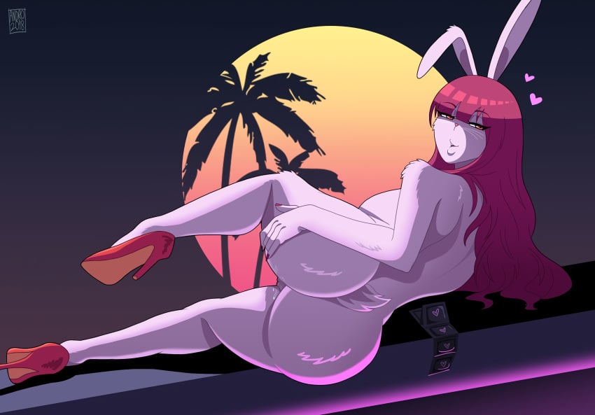 androjuniarto anthro ass ass_focus back_view bare_back edit female heart high_heels in_heat inviting_to_sex luna_bunn naked_footwear naked_heels naked_with_shoes_on nude orange_eyes original_character rabbit_ears rabbit_girl rabbit_humanoid rabbit_tail red_hair seductive waifu2x wet_pussy white_fur