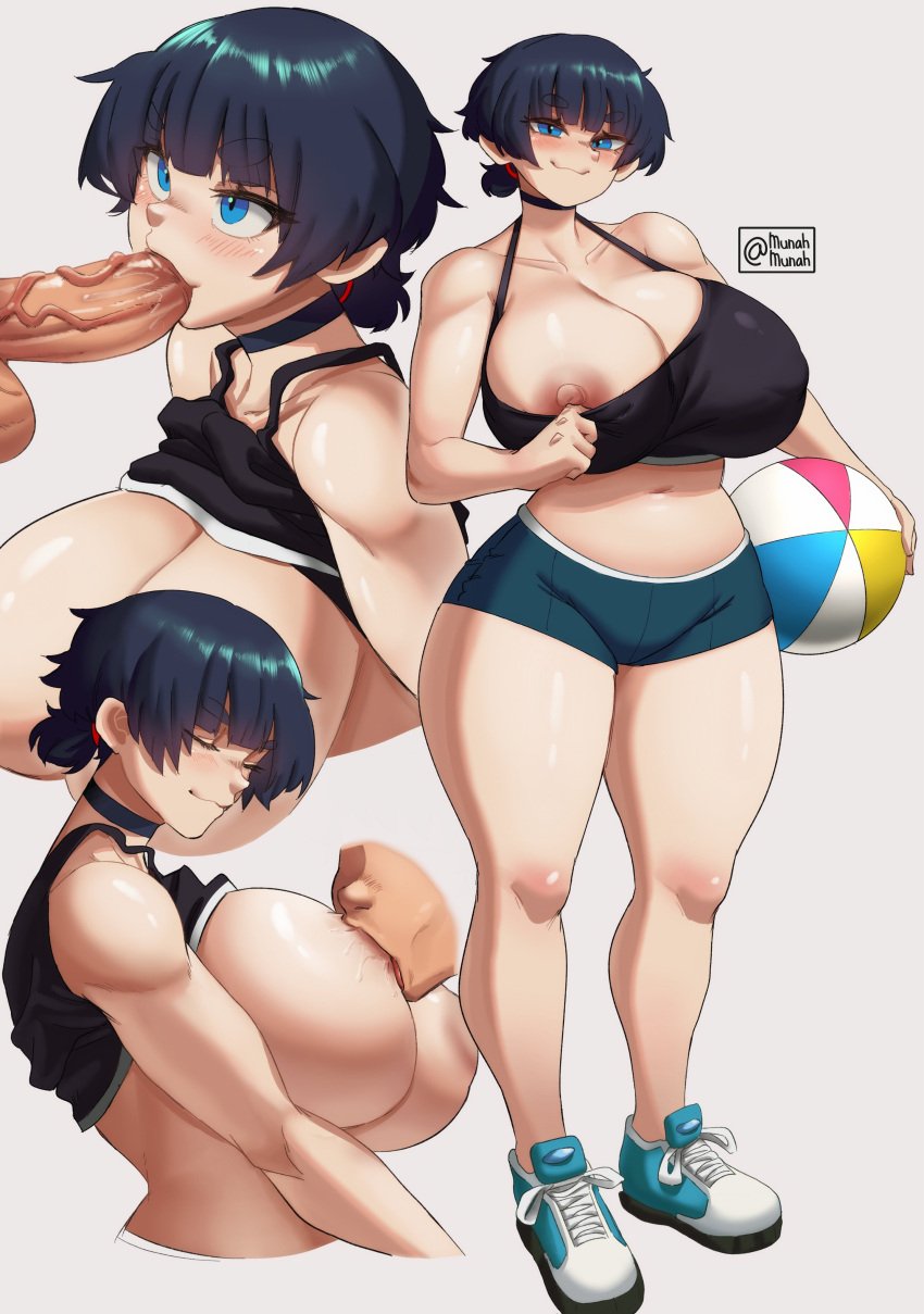 1boy 1girls areolae balls big_breasts blowjob blue_eyes breasts choker fellatio female huge_breasts mai_(mai_munah) mai_munah nipples oral original_character penis presenting presenting_breasts short_hair shorts sucking sucking_nipples testicles tomboy veiny_penis