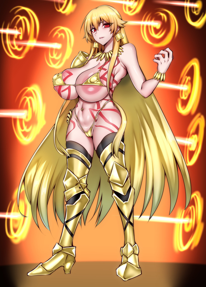 1girls armor bikini blonde_hair fate/grand_order fate/stay_night fate_(series) gate_of_babylon genderswap gggg gilgamesh gilgamesh-ko gilgamesh_(fate) gold_bikini gold_jewelry huge_breasts long_hair red_eyes rule_63 solo tattoo