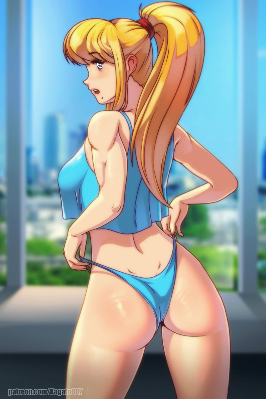 ass back_view blue_panties female half-shirt kagato007 looking_back metroid panties samus_aran solo