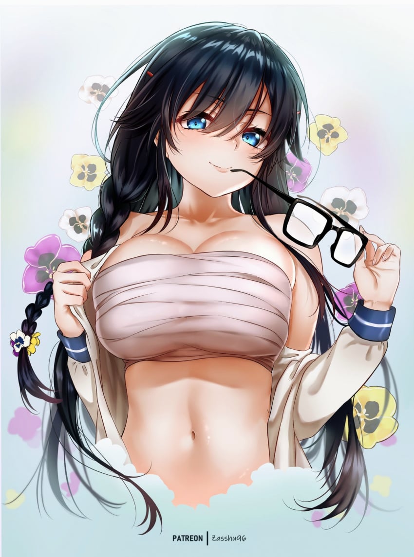 1girls artist_name bare_shoulders black-framed_eyewear black_hair blue_background blue_eyes blush braid breasts chest_sarashi cleavage closed_mouth collarbone cropped_torso eyewear_removed female female_only floral_background flower glasses gradient_background hair_flower hair_ornament hairclip head_tilt highres holding holding_eyewear large_breasts long_hair long_sleeves looking_at_viewer navel open_clothes open_shirt ore_wo_suki_nano_wa_omae_dake_ka_yo pansy_(oresuki) pink_lips sanshokuin_sumireko sarashi shirt side_braid smile solo very_long_hair white_shirt zasshu96