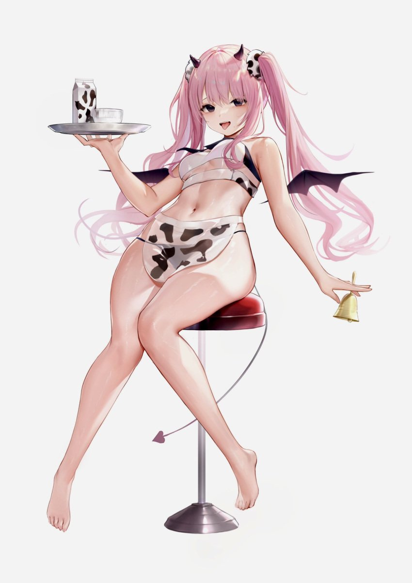 ass bar_stool bare_legs bell belly belly_button bikini_bottom blush breasts cow_print feet female goddess_of_victory:_nikke hair_bun heart_tail hi_res high_resolution highres horns milk navel pink_hair seductive serving_tray shortstack succubus thighs tongue_out transparent_clothing twintails yuni_(nikke)