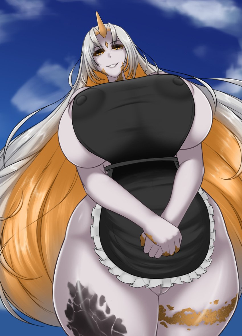 1girls areolae bare_thighs blonde_hair breasts censored colored_inner_hair covered_nipples curvy female female_only fire_emblem fire_emblem_heroes from_below gigantic_breasts grey_hair grin gullveig_(fire_emblem) horn inferior_version long_hair looking_at_viewer looking_down maid mature mature_female milf multicolored_hair naked_apron nintendo outdoors pussy sideboob sky smile solo sorenstarz thick_thighs thighs very_long_hair voluptuous wide_hips yellow_eyes